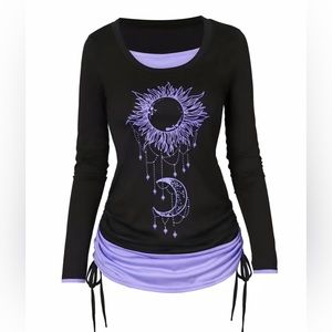 NEW Sun and Moon Print Top. Long Sleeves. Fitted Tunic with Side Ties Blk/Purple